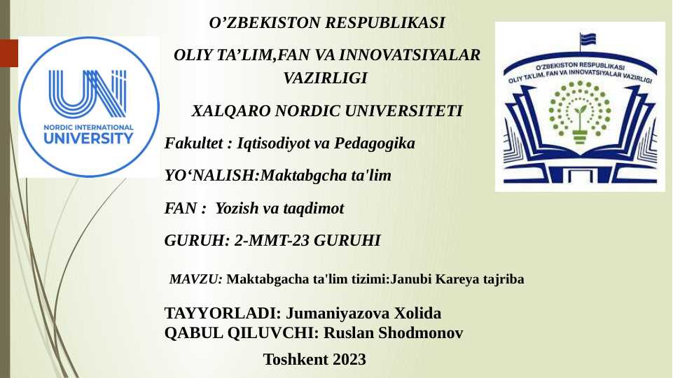 Maktabgacha ta'lim tizimi Janubi Kareya tajribasi