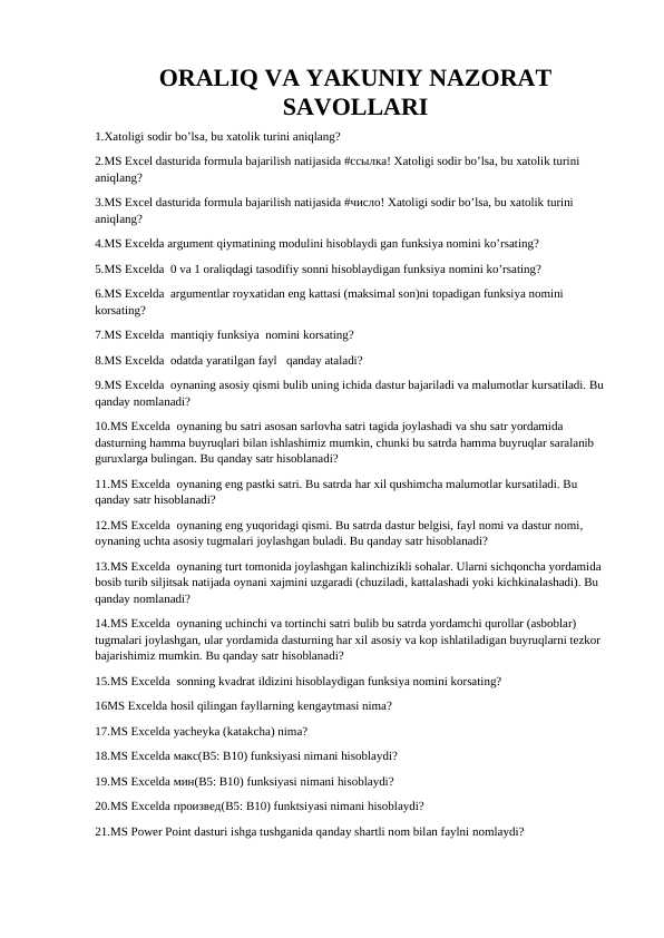 IAKT FANIDAN IMTIXONLAR UCHUN SAVOLLAR