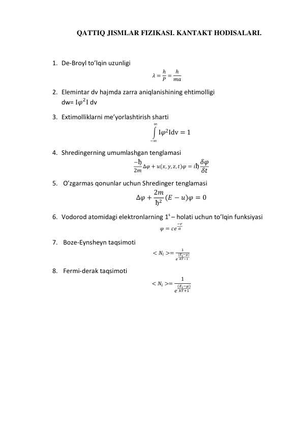 QATTIQ JISMLAR FIZIKASI. KANTAKT HODISALARI.