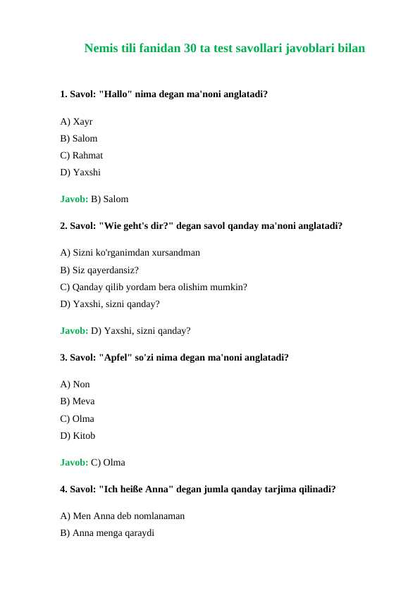 Nemis tili fanidan 30 ta test savollari javoblari bilan