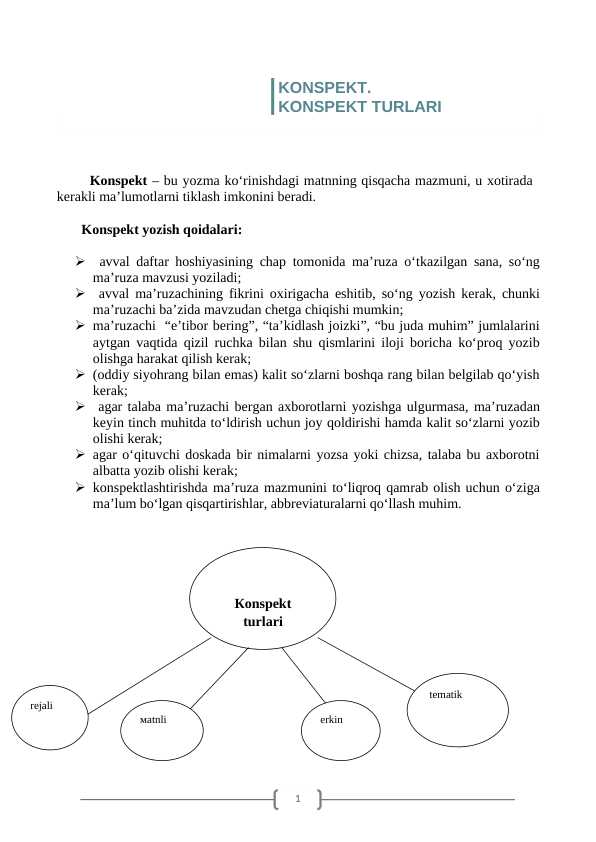 KONSPEKT. KONSPEKT TURLARI