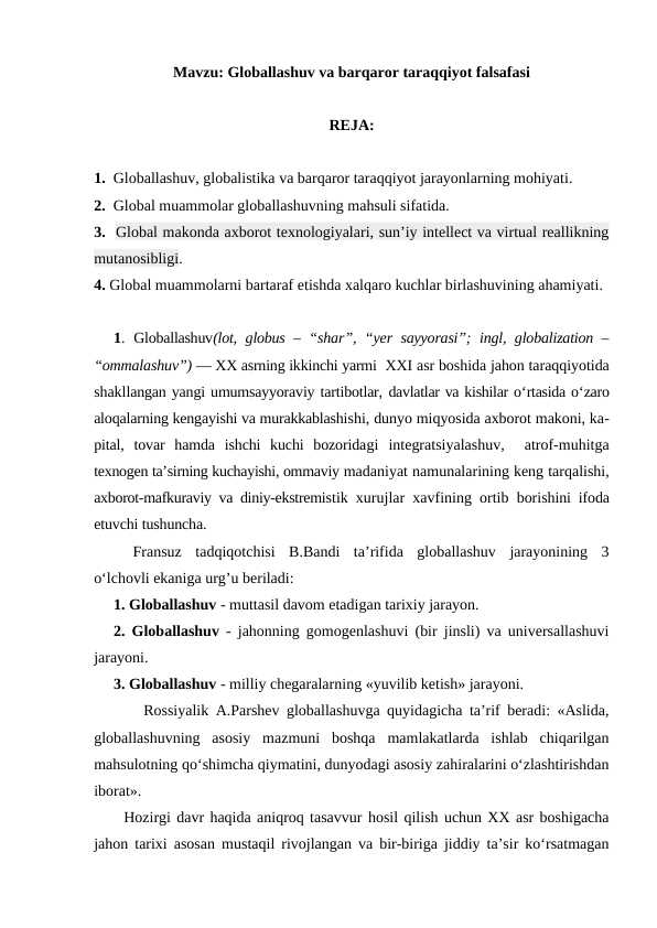 Globallashuv va barqaror taraqqiyot falsafasi