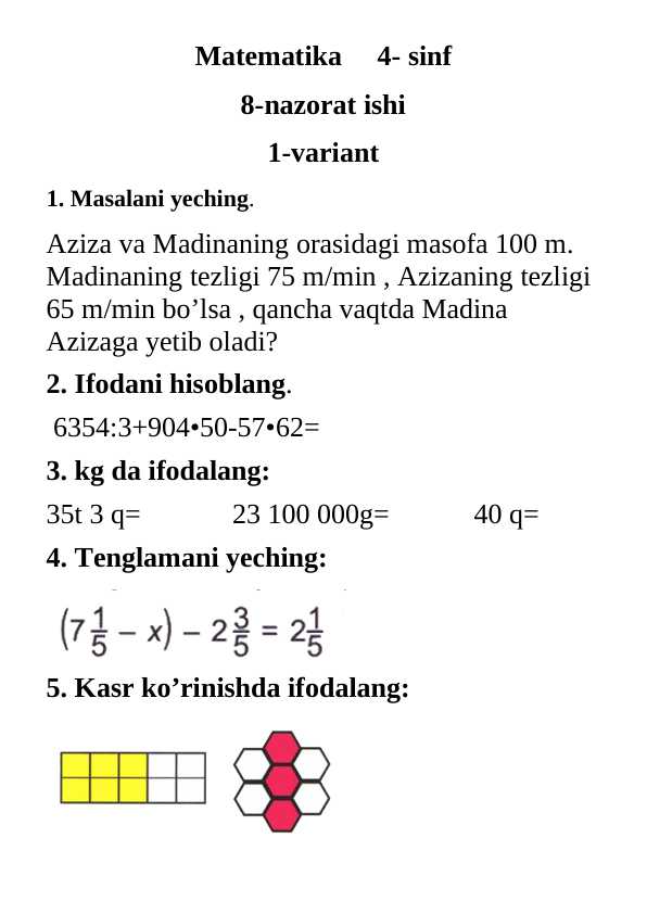 Matematika 8-nazorat ishi 1-2-variantda