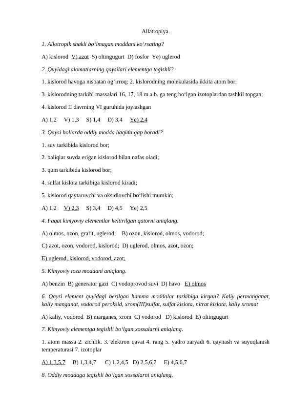 Mavzulashtirilgan testlar kimyo fanidan javoblari bilan