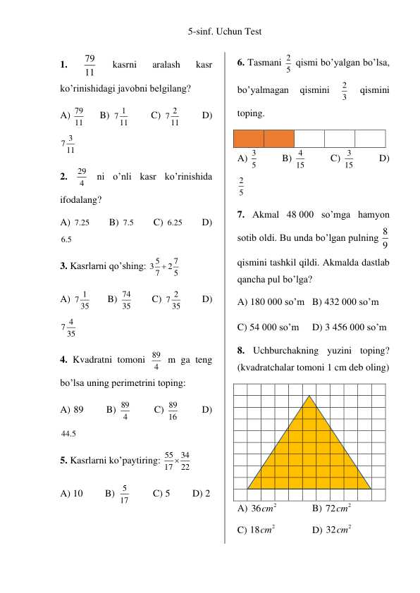5-sinf uchun matematika test va yopiq testlar