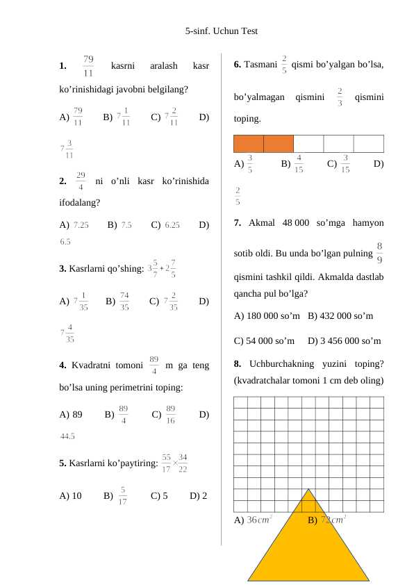 5-sinf. Uchun Test yangi kitobdan