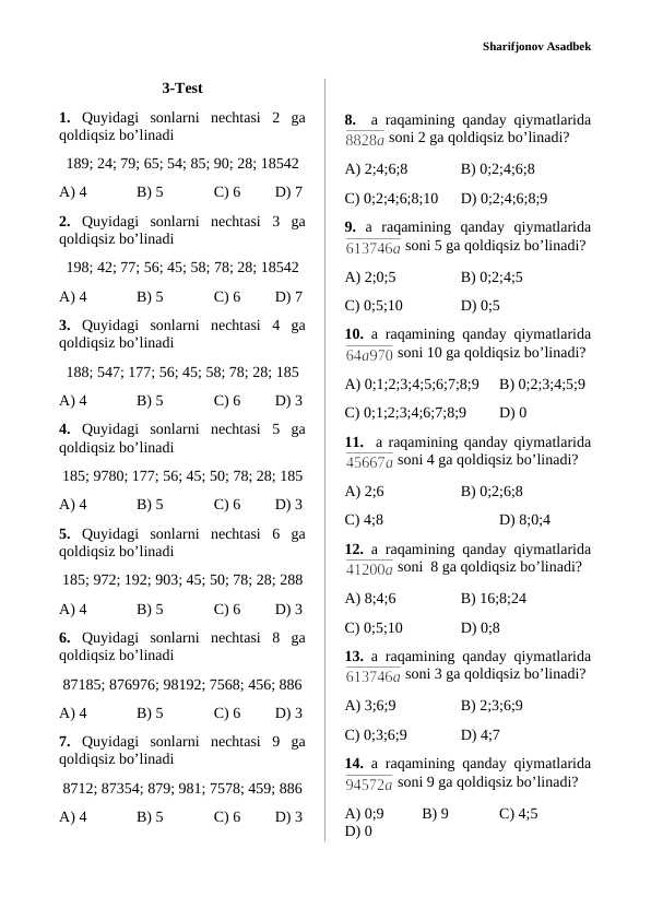 Matematikadan Test-3 30 talik