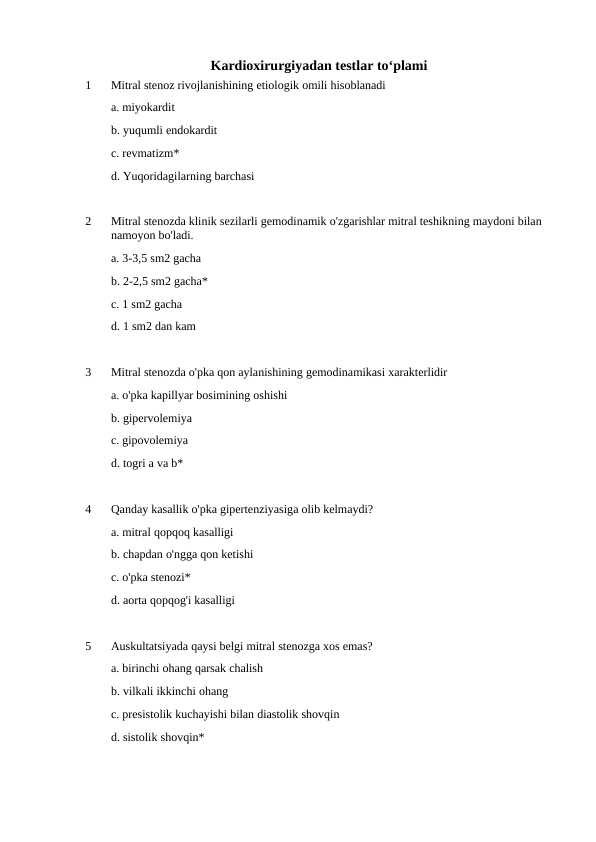 Kardioxirurgiyadan testlar to‘plami - 450 TA