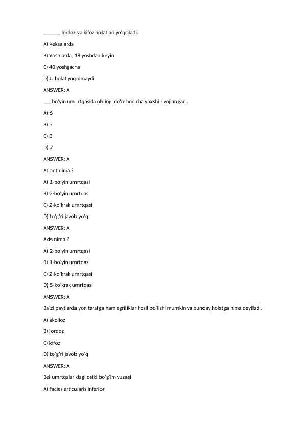 Anatomiya fanidan test - umumiy