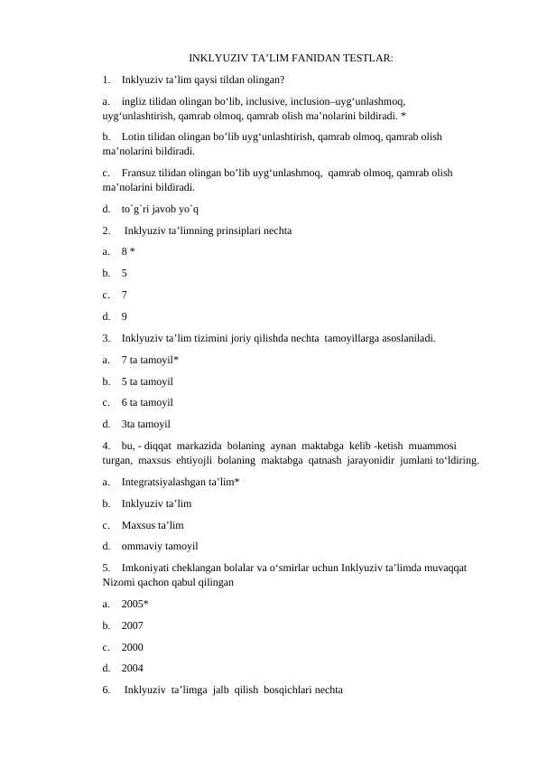 INKLYUZIV TA’LIM FANIDAN TESTLAR JAVOBI BILAN
