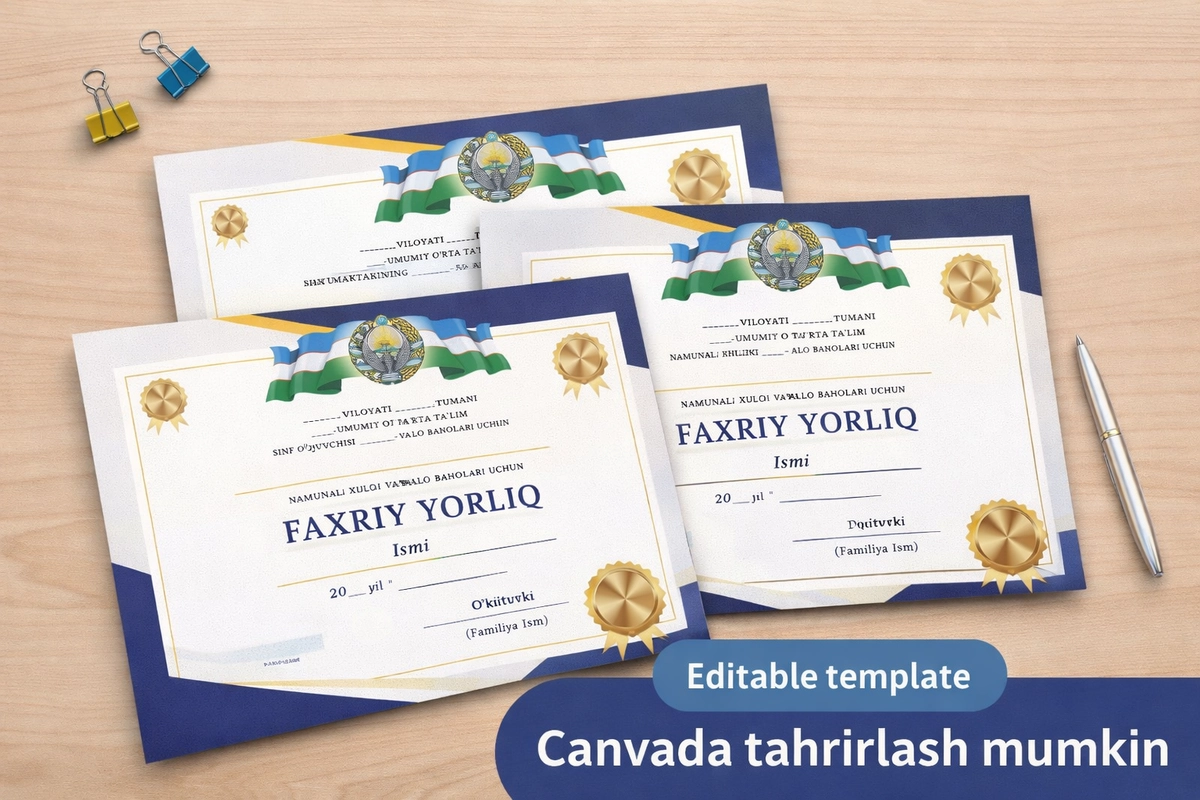 Faxriy yorliq shablon (A4, Canva editable, printable)