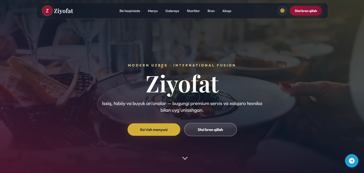 Premium Restoran Landing Page — Ziyofat (Tailwind + Telegram Bot)