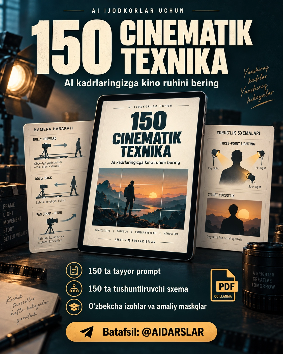 150 cinematik texnika. AI rasm va video uchun tayyor promptlar va o‘zbekcha qo‘llanma
