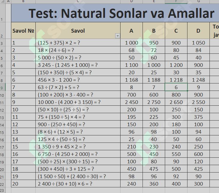 5-sinf matematika fani uchun testlar
