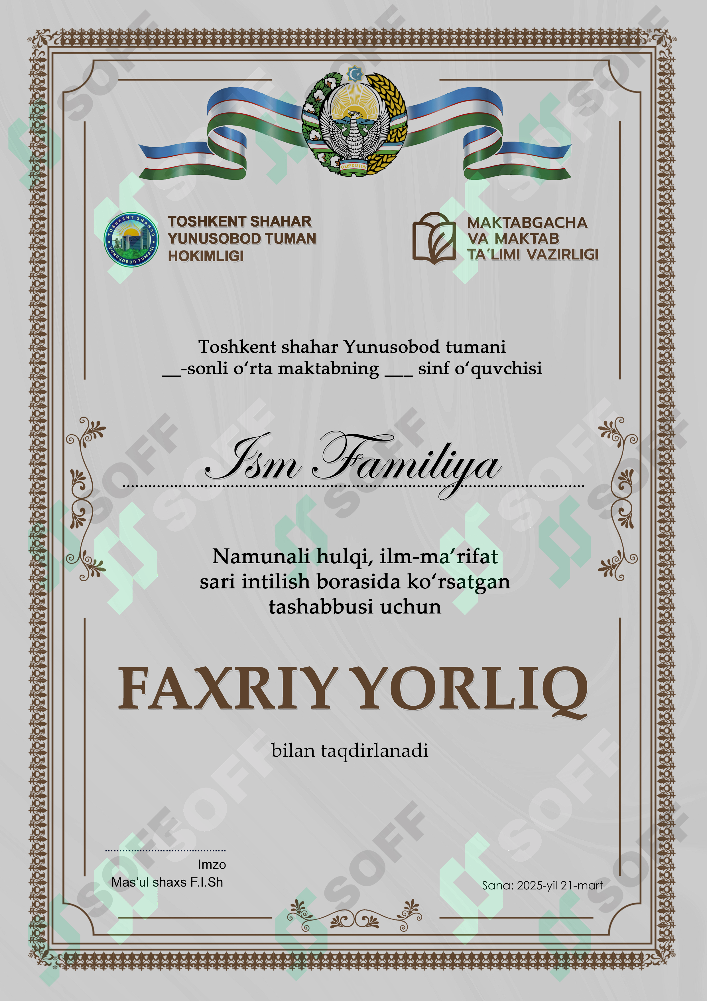 Faxriy yorliq shablon