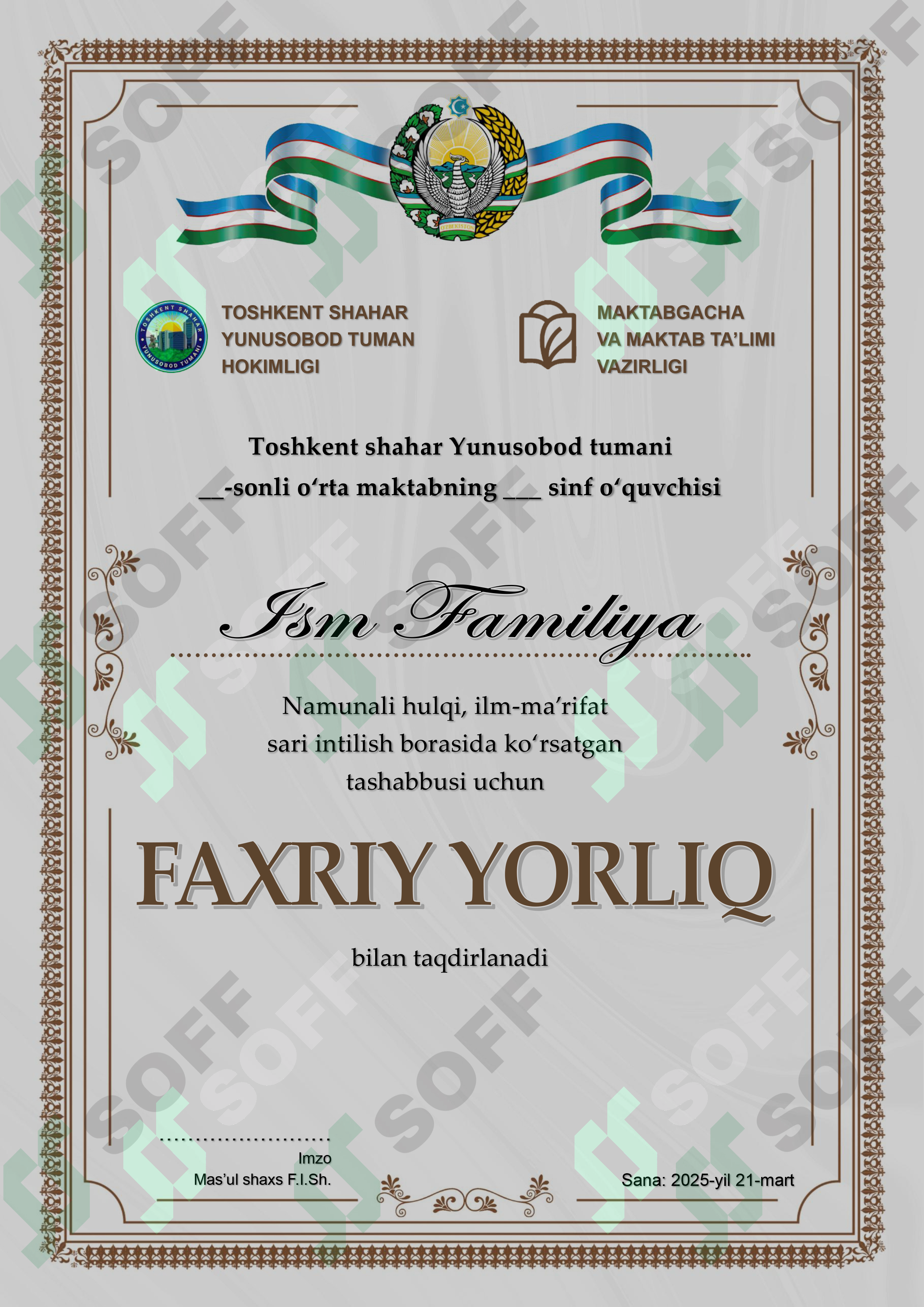 Faxriy yorliq shablon Word