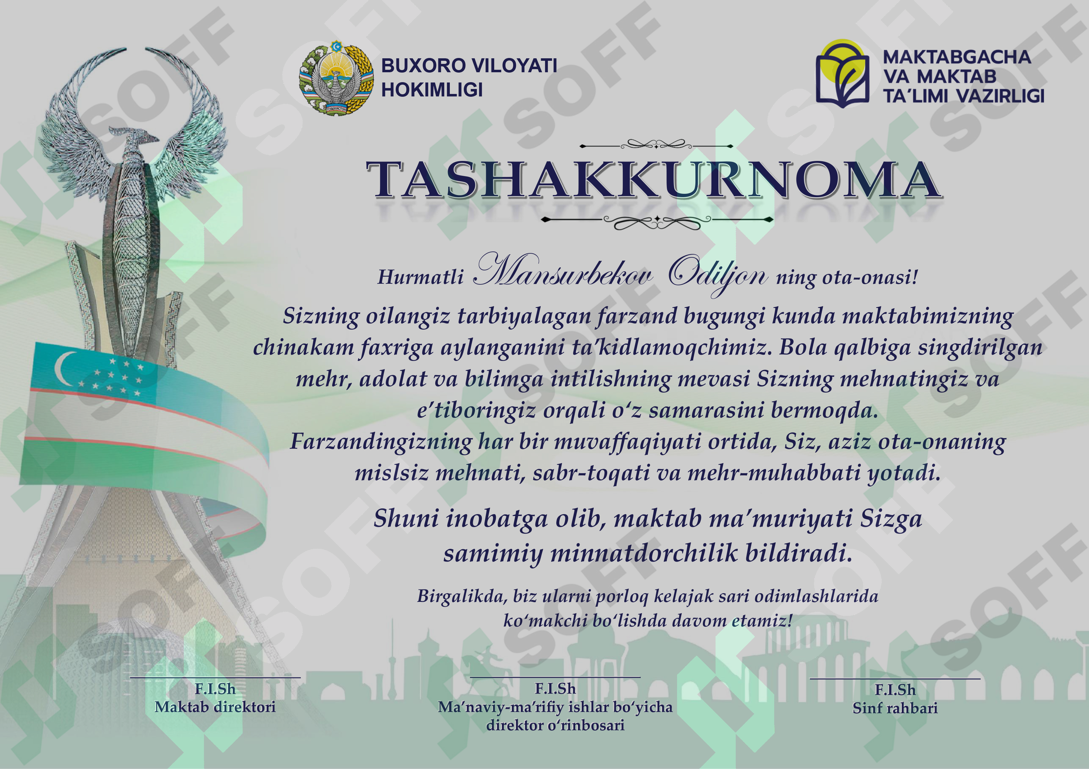 Tashakkurnoma shablon Word