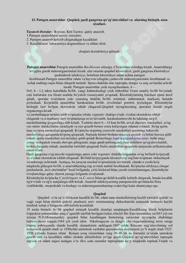 Patogen anaeroblar. Qoqshol, gazli gangrena