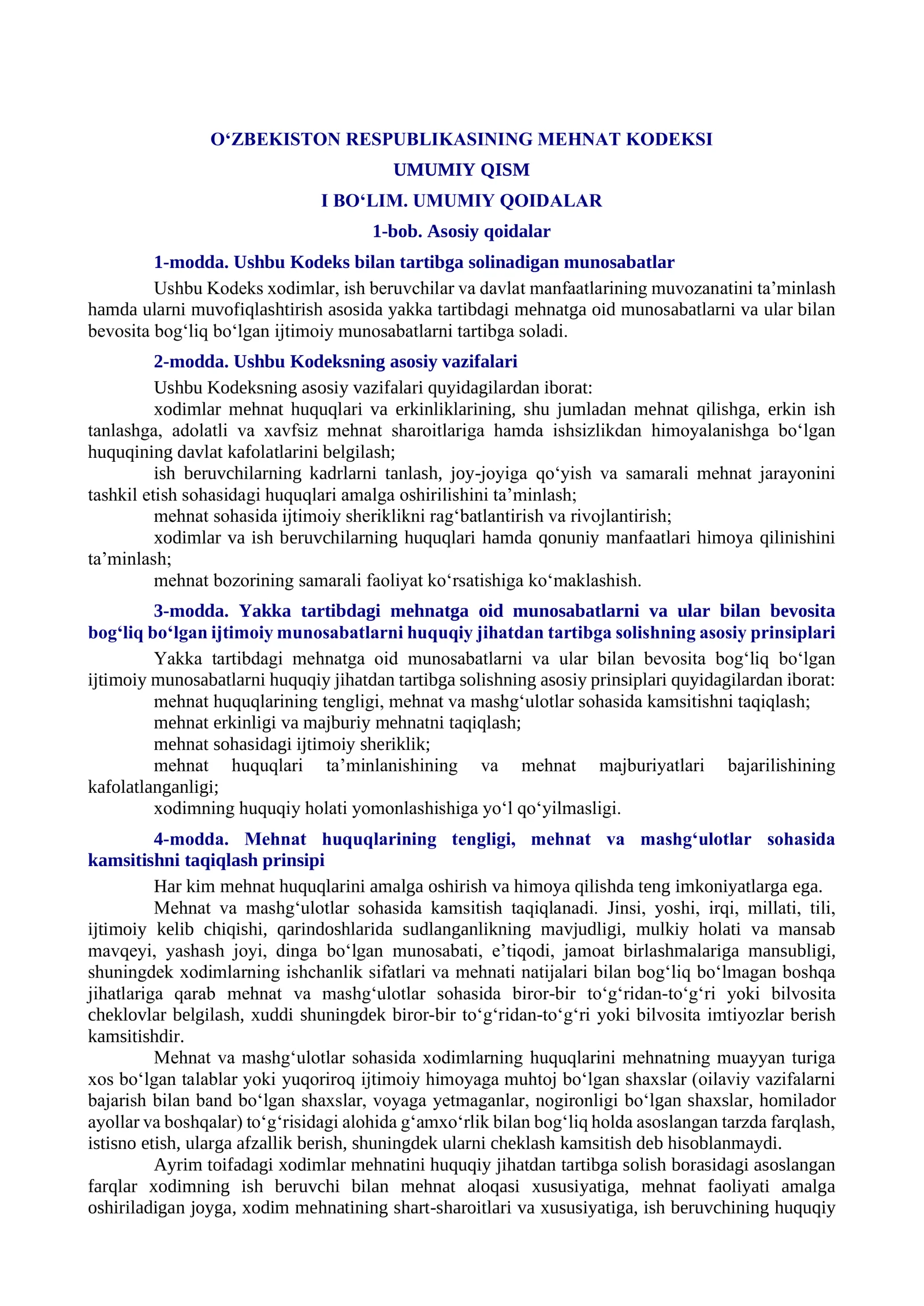 O‘ZBEKISTON RESPUBLIKASINING MEHNAT KODEKSI