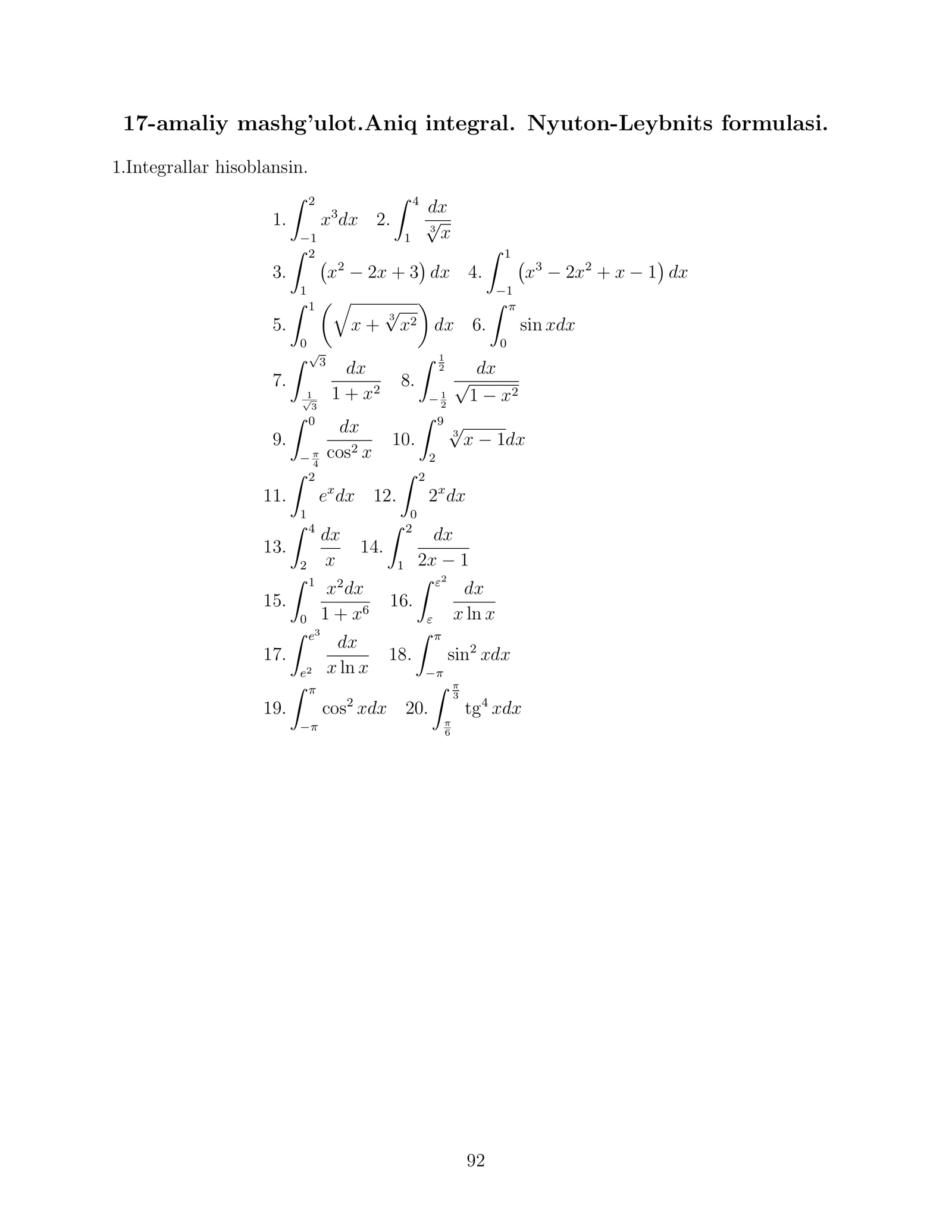 17-amaliy mashg’ulot.Aniq integral. Nyuton-Leybnits formulasi