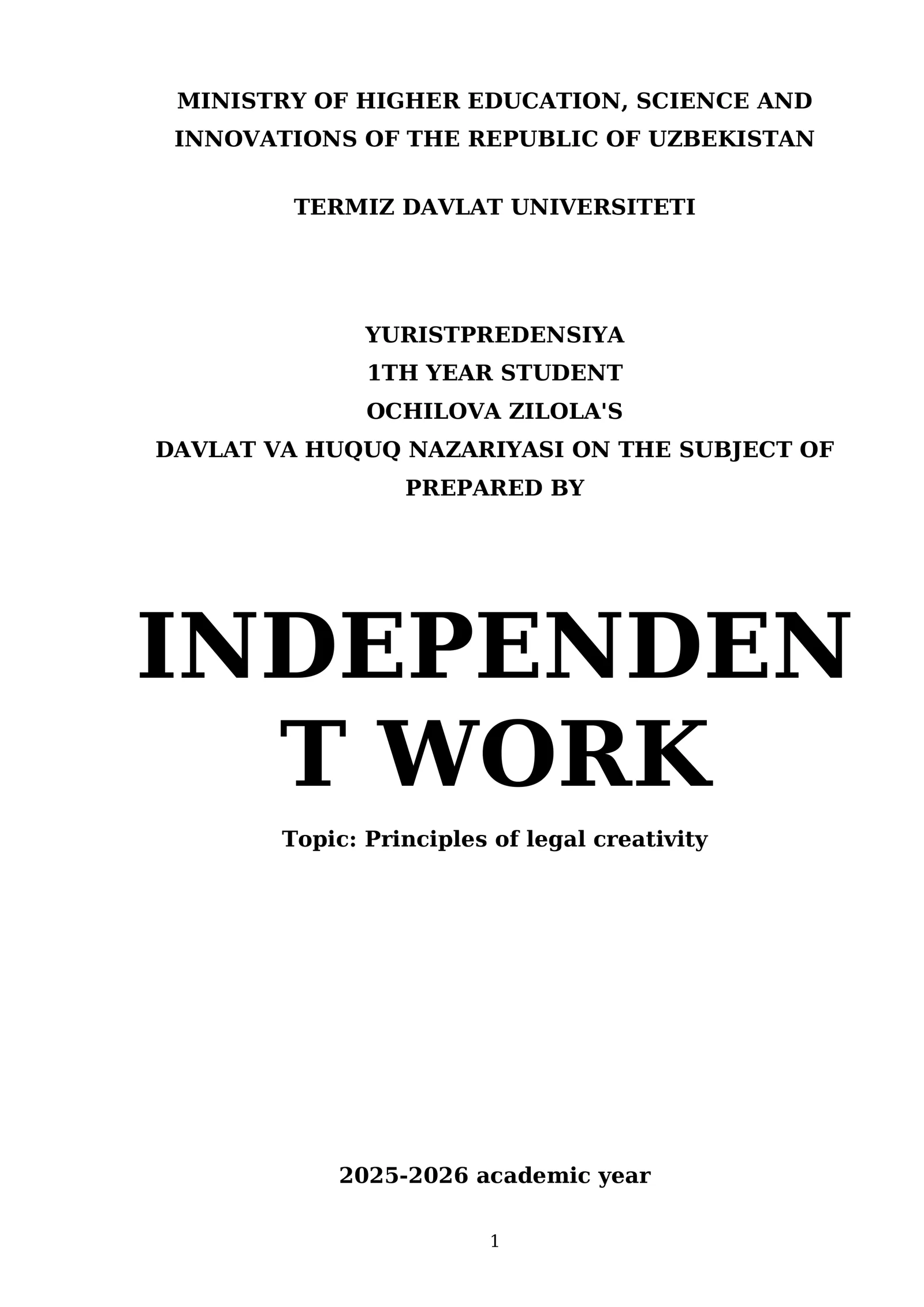 DAVLAT VA HUQUQ NAZARIYASI ON THE SUBJECT OF INDEPENDENT WORK