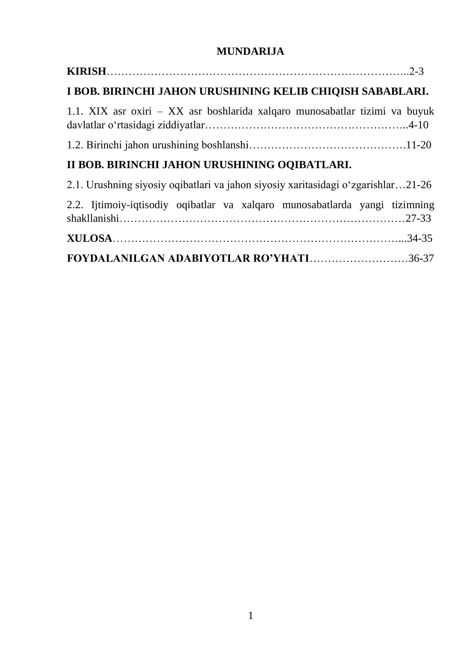 1 chi jahon urushi sabablari va oqibatlari