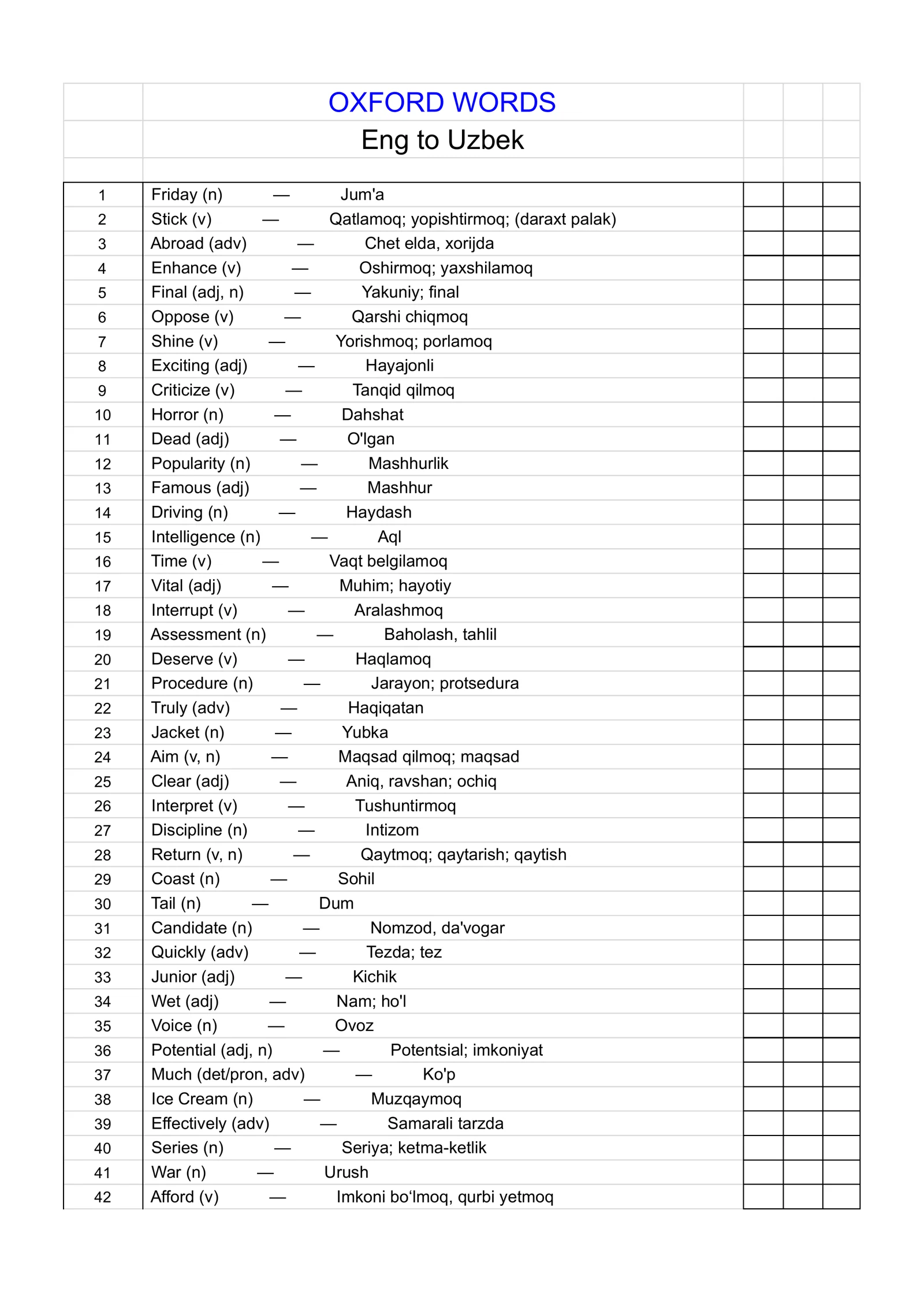 OXFORD WORDS IN UZBEK 3000