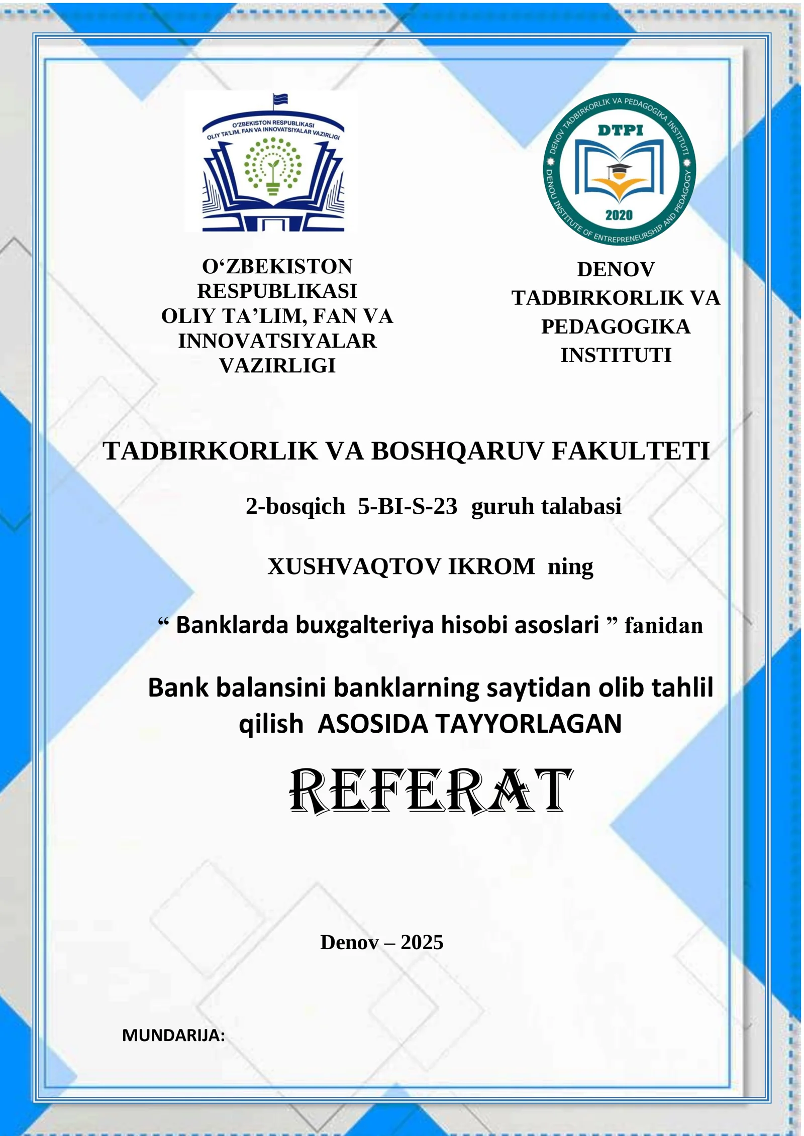 Bank balansini banklarning saytidan olib tahlil qilish