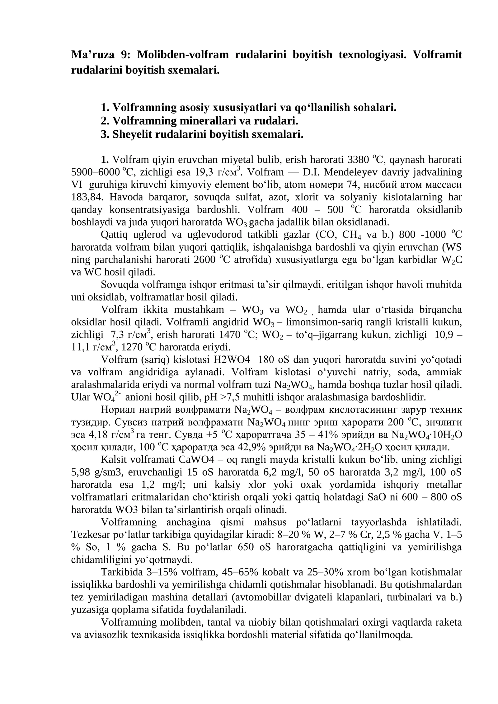 Molibden-volfram rudalarini boyitish texnologiyasi