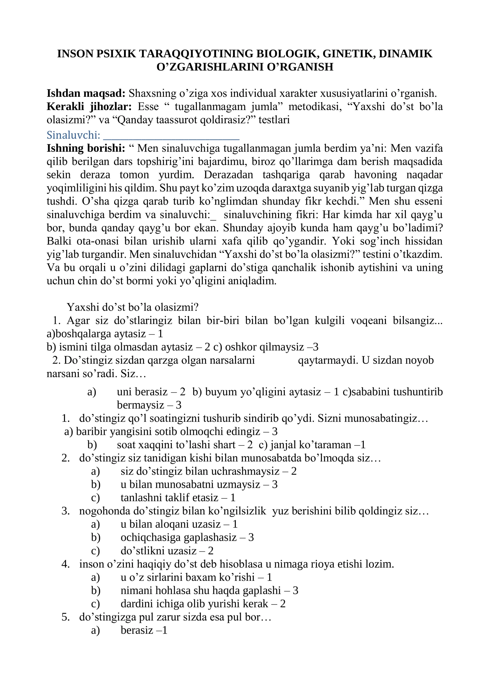 INSON PSIXIK TARAQQIYOTINING BIOLOGIK, GINETIK, DINAMIK O’ZGARISHLARINI O’RGANISH