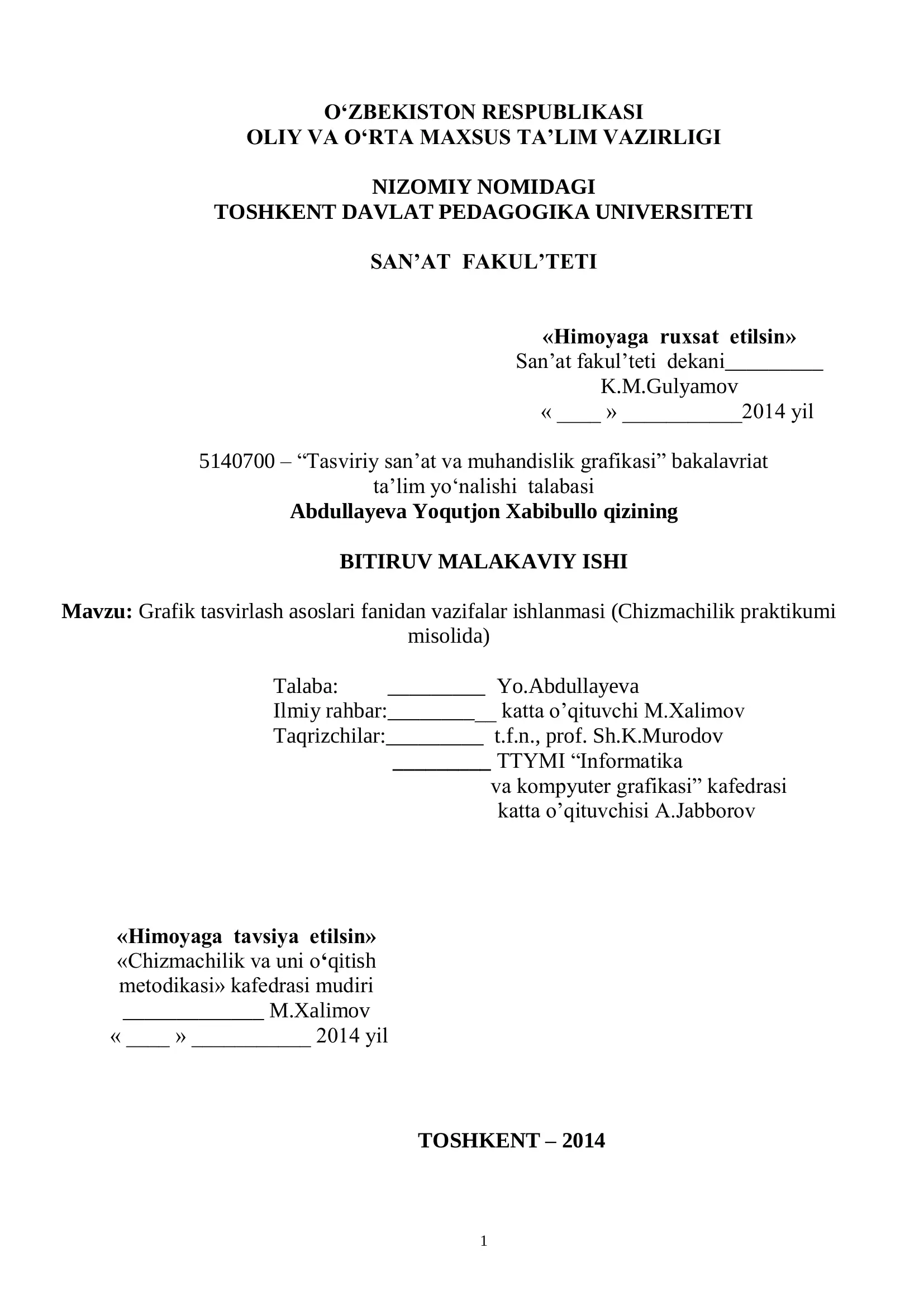 Grafik tasvirlash asoslari fanidan vazifalar ishlanmasi (Chizmachilik praktikumi misolida)