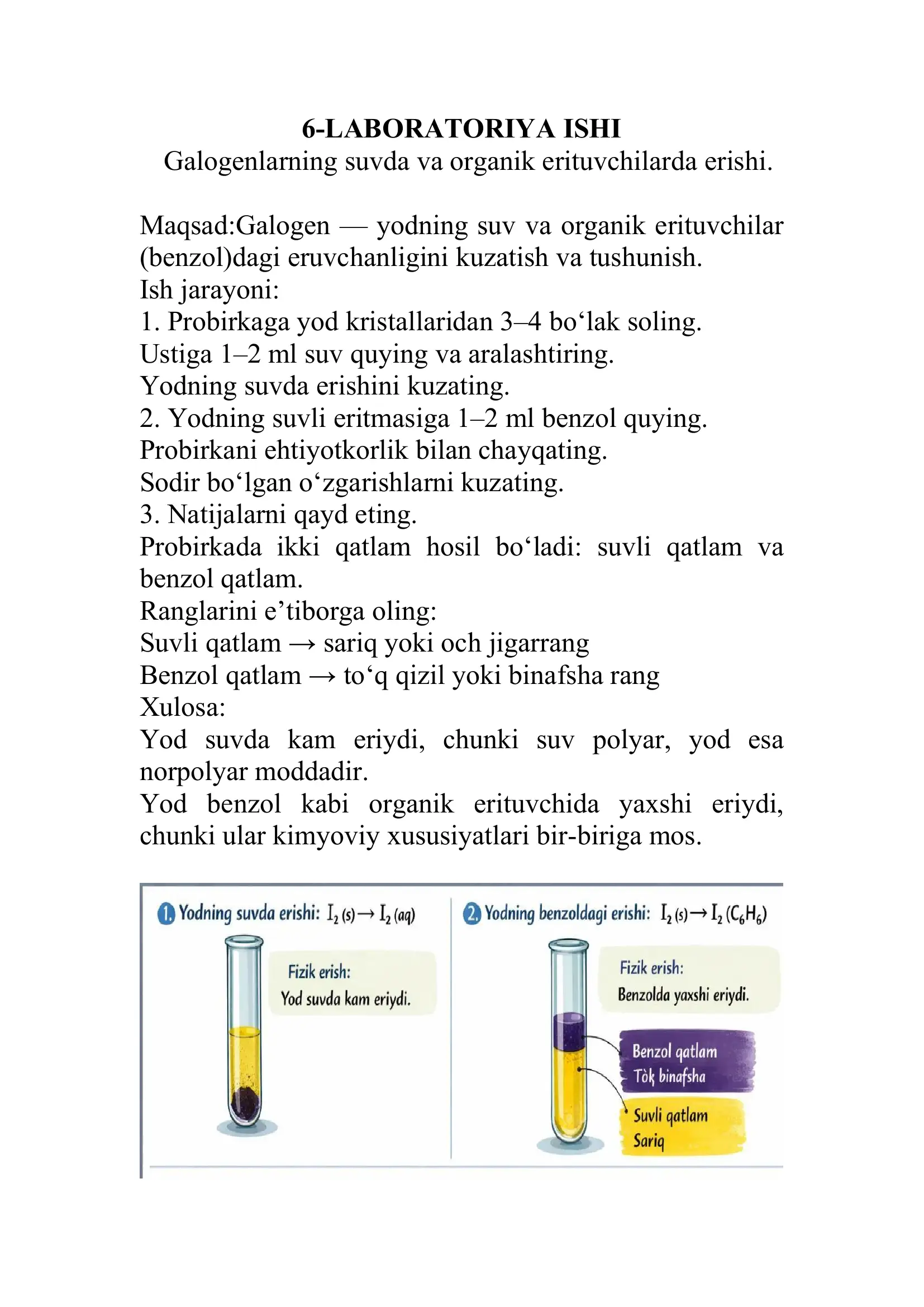 8 sinf Galagenlarning suvda va organik erituvchilarda erishi.6-LABORATORIYA ISHI