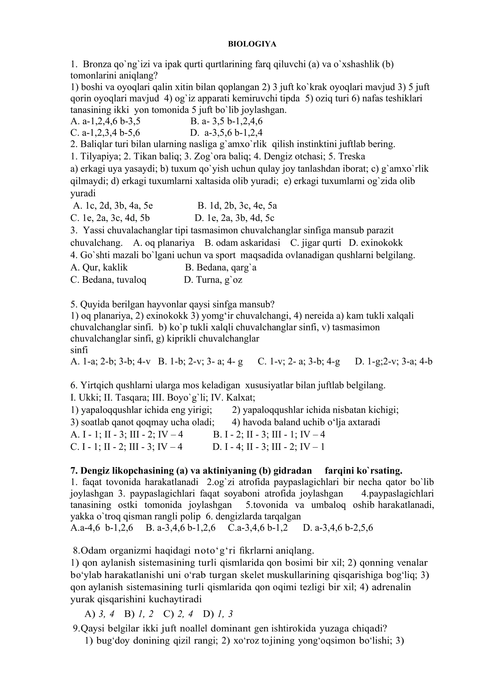 Biologiya test 2026
