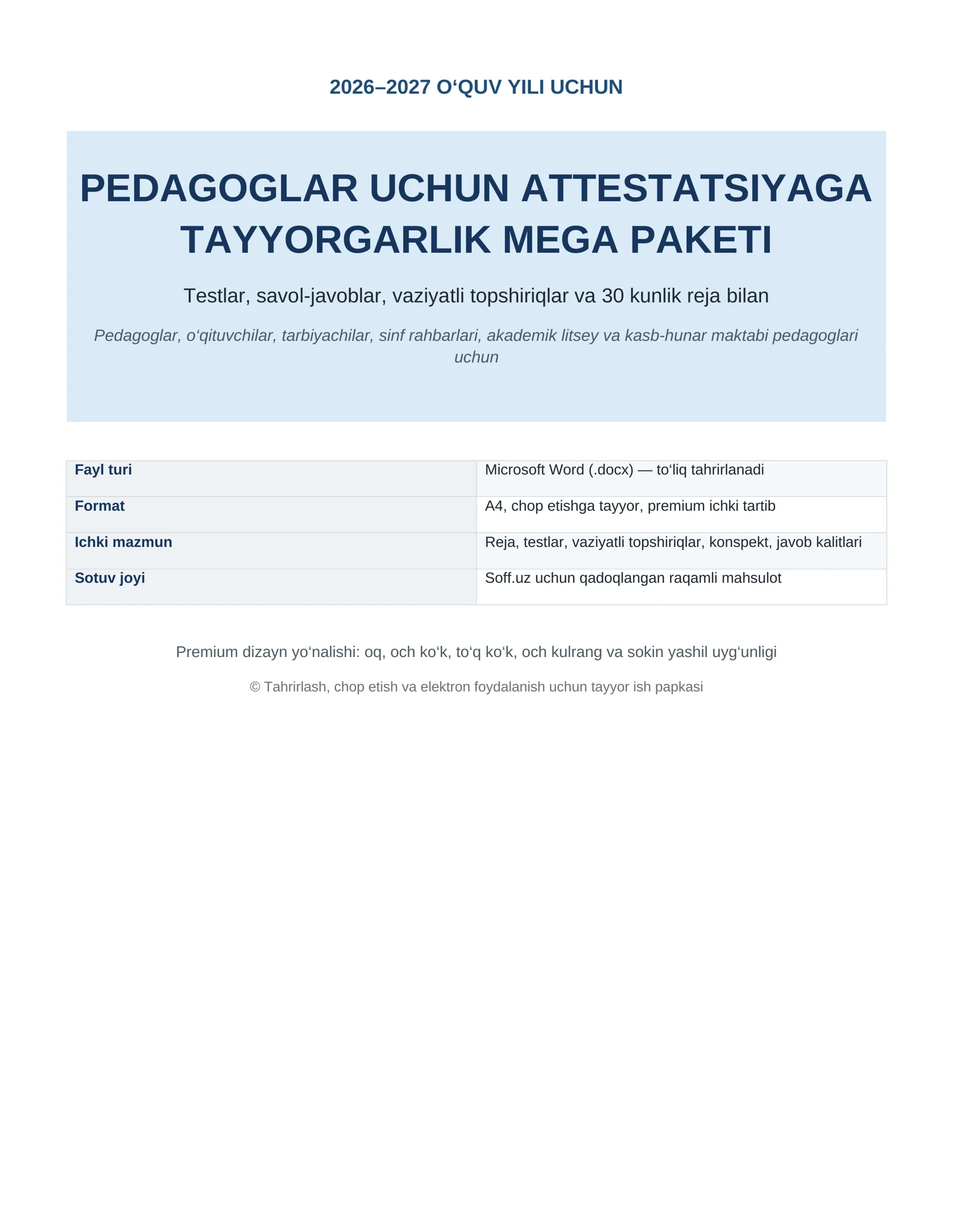 PEDAGOGLAR UCHUN ATTESTATSIYAGA TAYYORGARLIK MEGA PAKETI