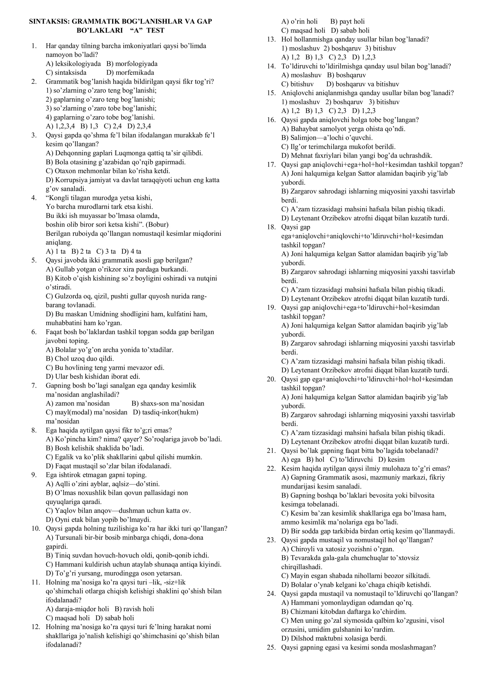 SINTAKSIS: GRAMMATIK BOG’LANISHLAR VA GAP BO’LAKLARI