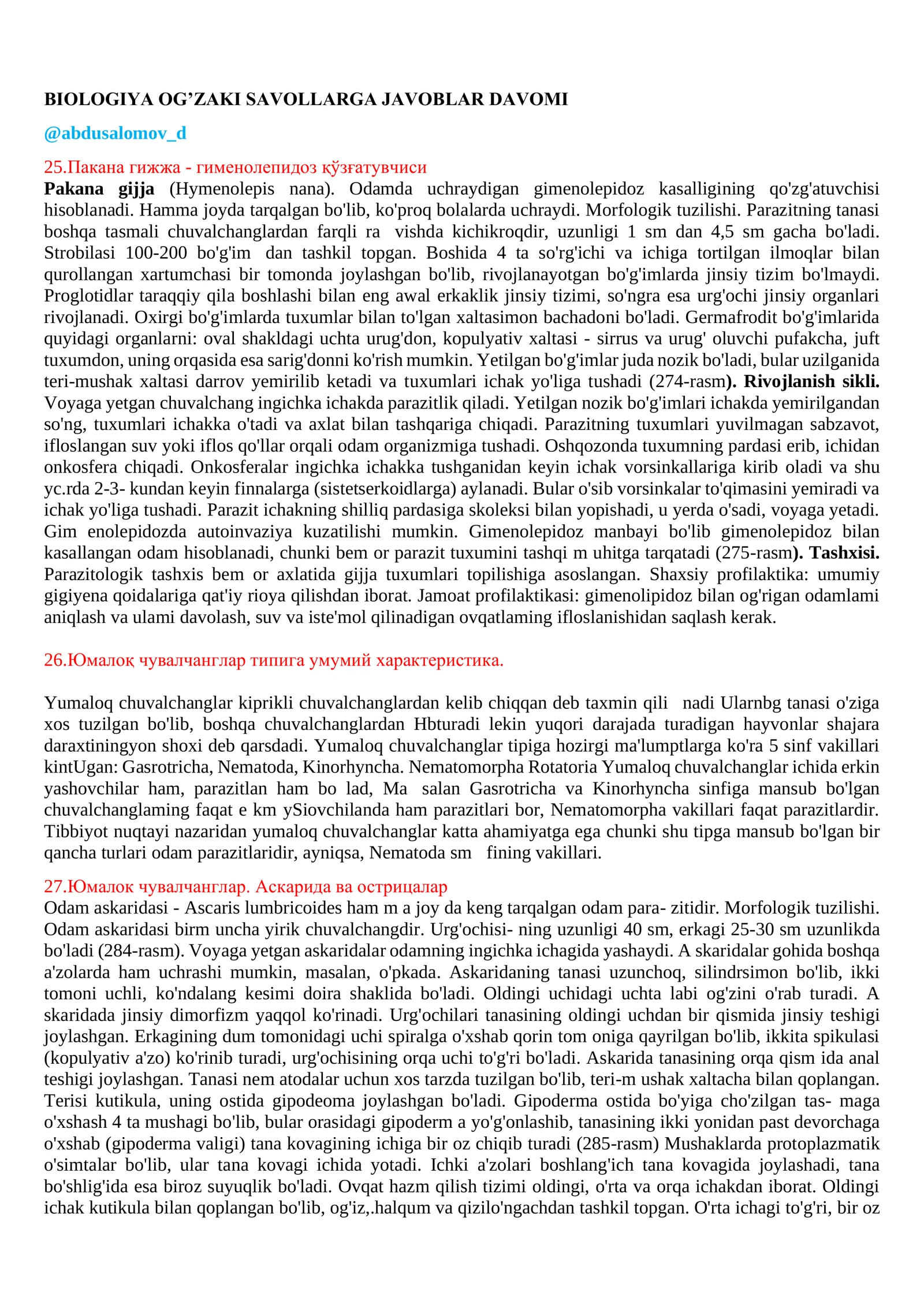 BIOLOGIYA OG’ZAKI SAVOLLARGA JAVOBLAR DAVOMI