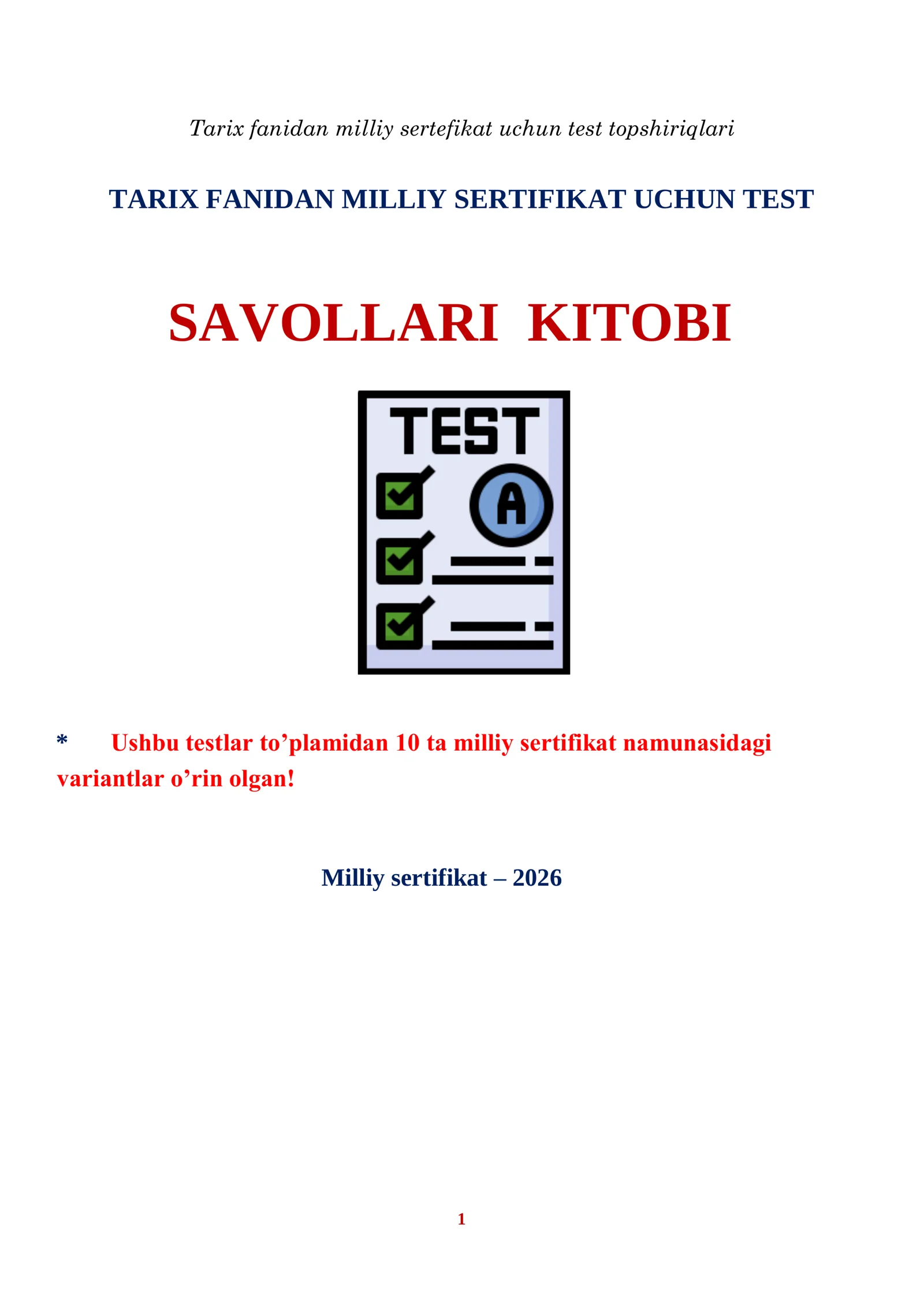 TARIX MILLIY SERTIFIKAT TEST JAVOBLAR KITOBI