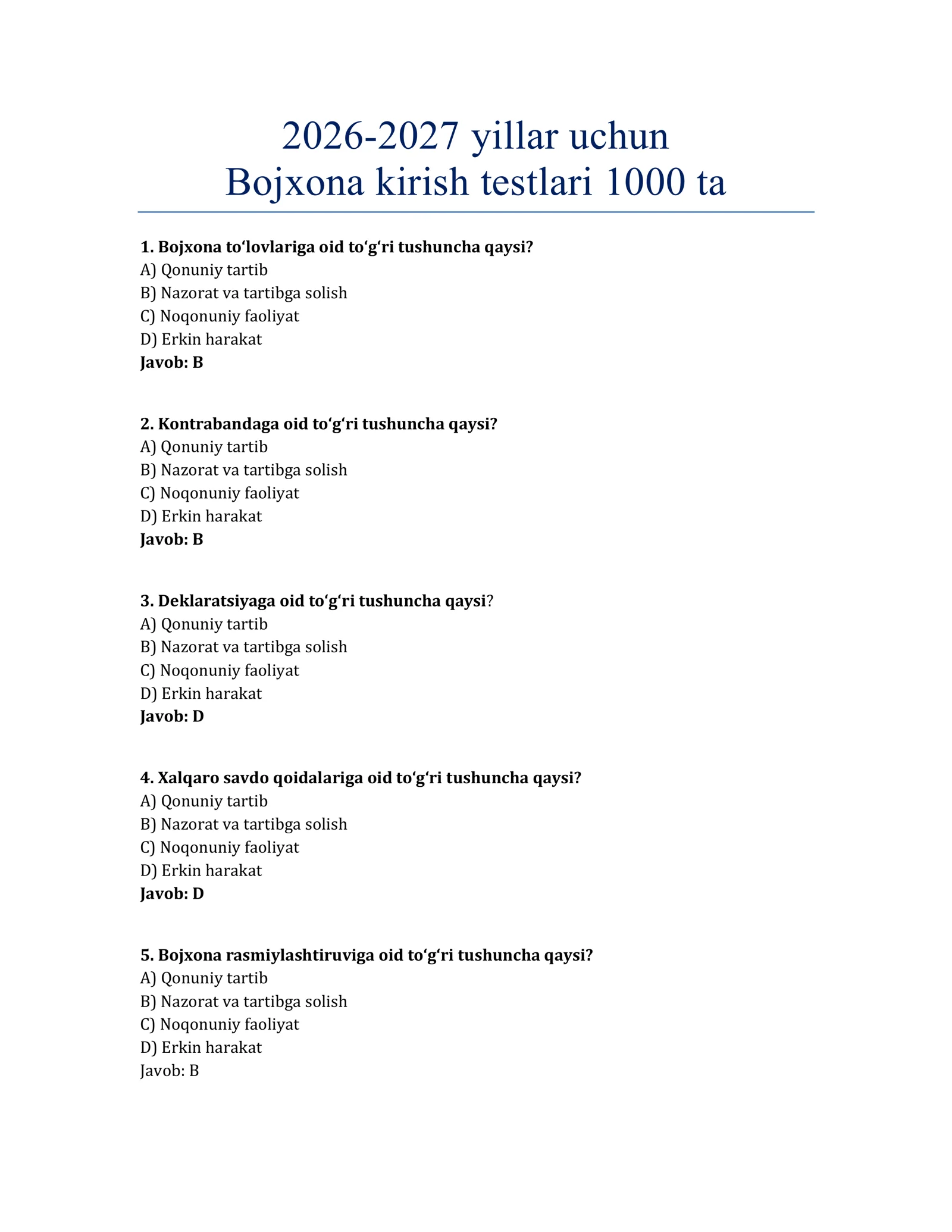 2026-2027 BOJXONA KIRISH TESTLARI 1000 TA