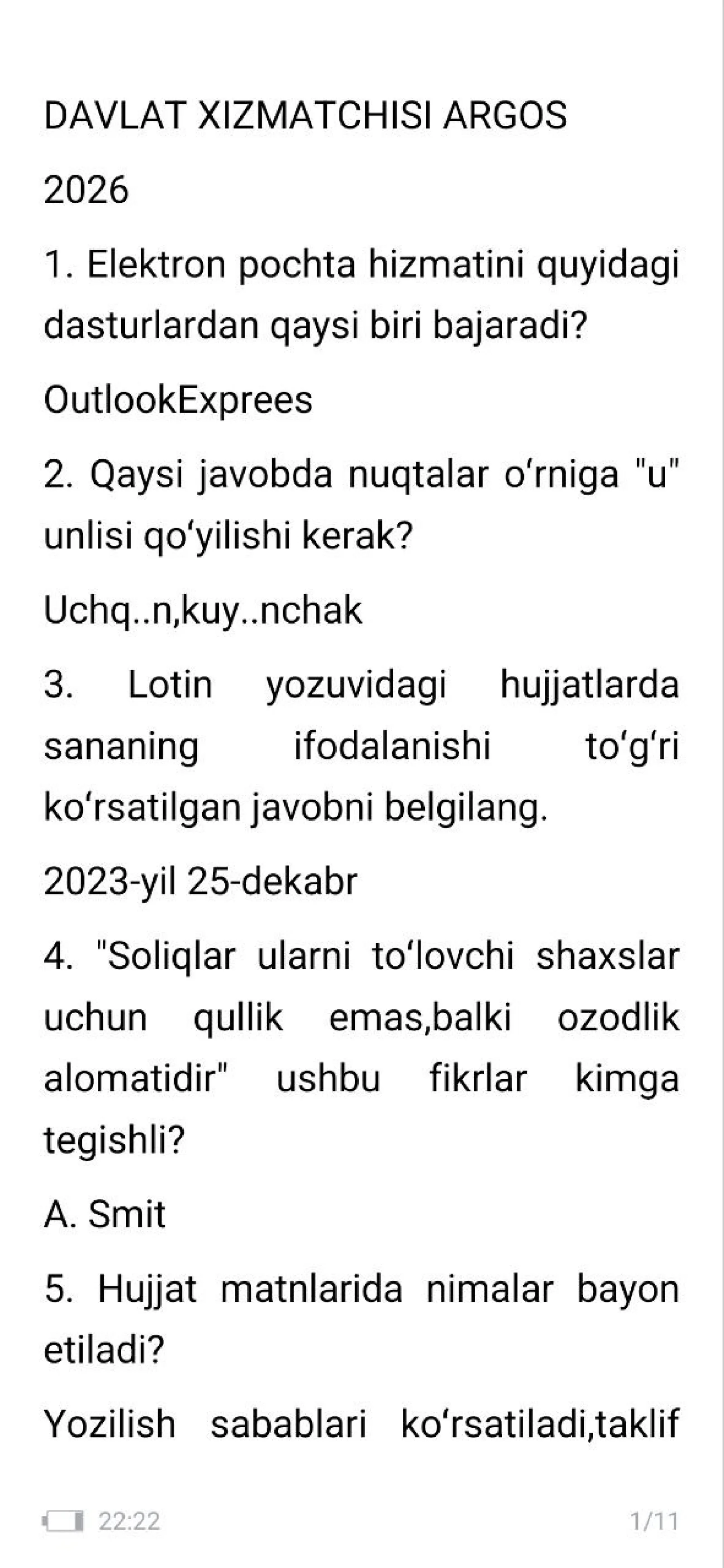 Argos 2026 test javoblari bilan