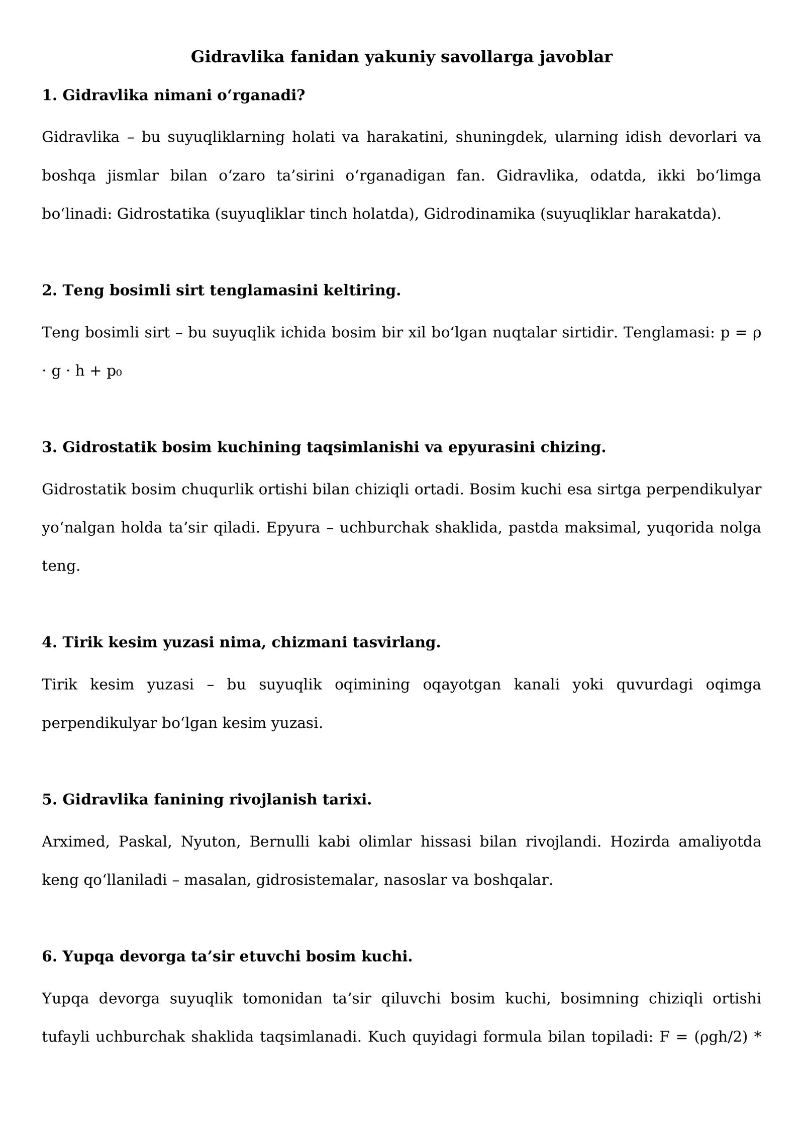Gidravlika fanidan yakuniy savollarga javoblar