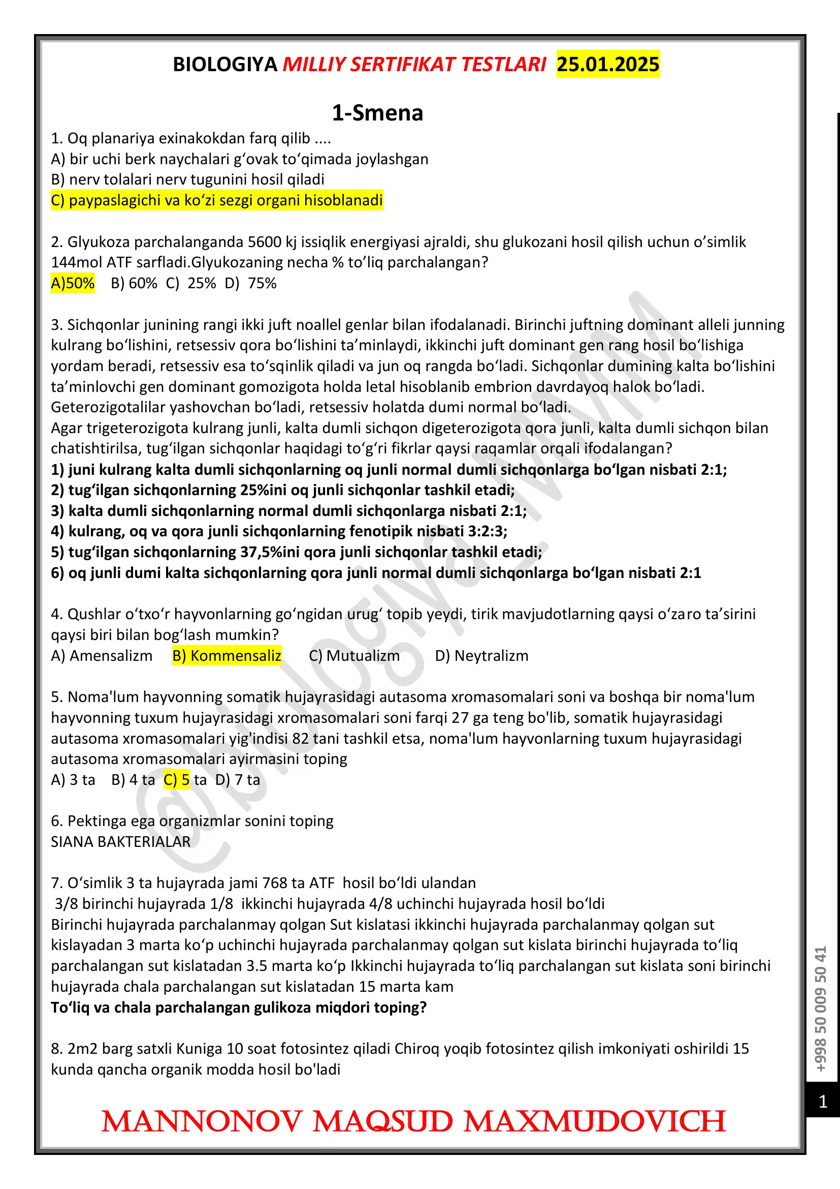 Milliy sertifikat testlari. 2025.01.25