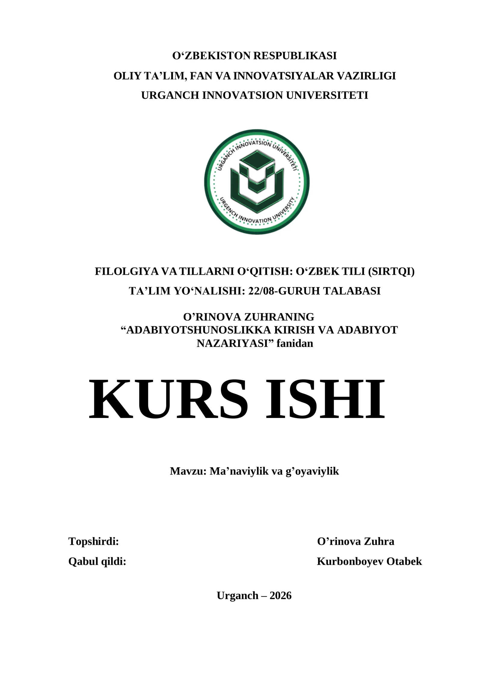 MA’NAVIYLIK VA G’OYAVIYLIK KIRISH