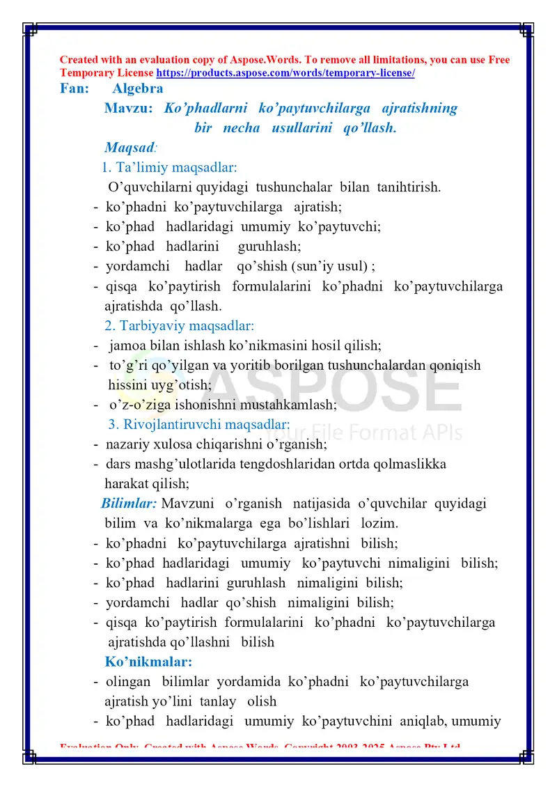 7-sinf Algebra dars ishlanma. Ko'phadlarni ko'paytuvchilarga ajratishning bir necha usullarini qo'llash