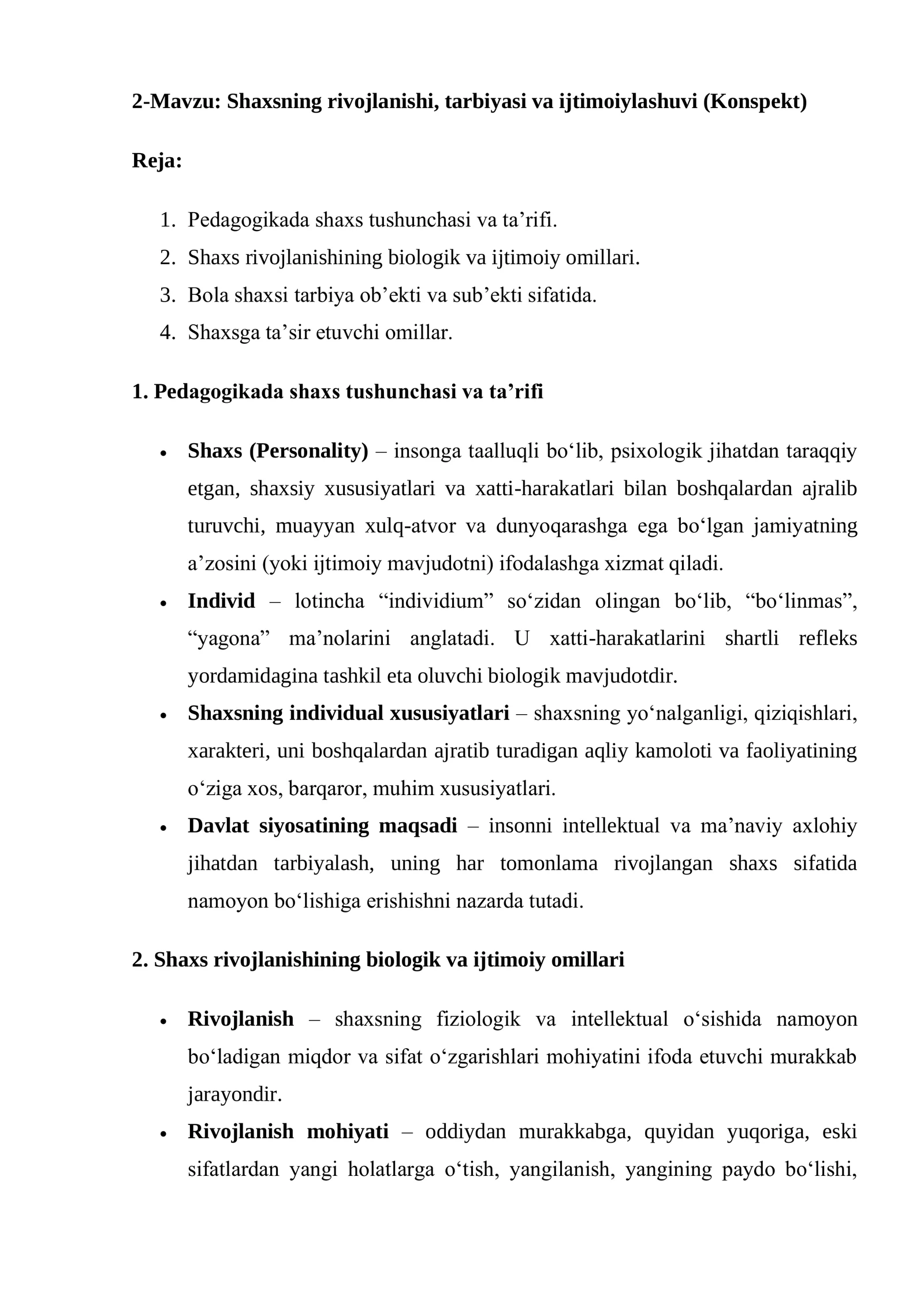 Shaxsning rivojlanishi, tarbiyasi va ijtimoiylashuvi (Konspekt)