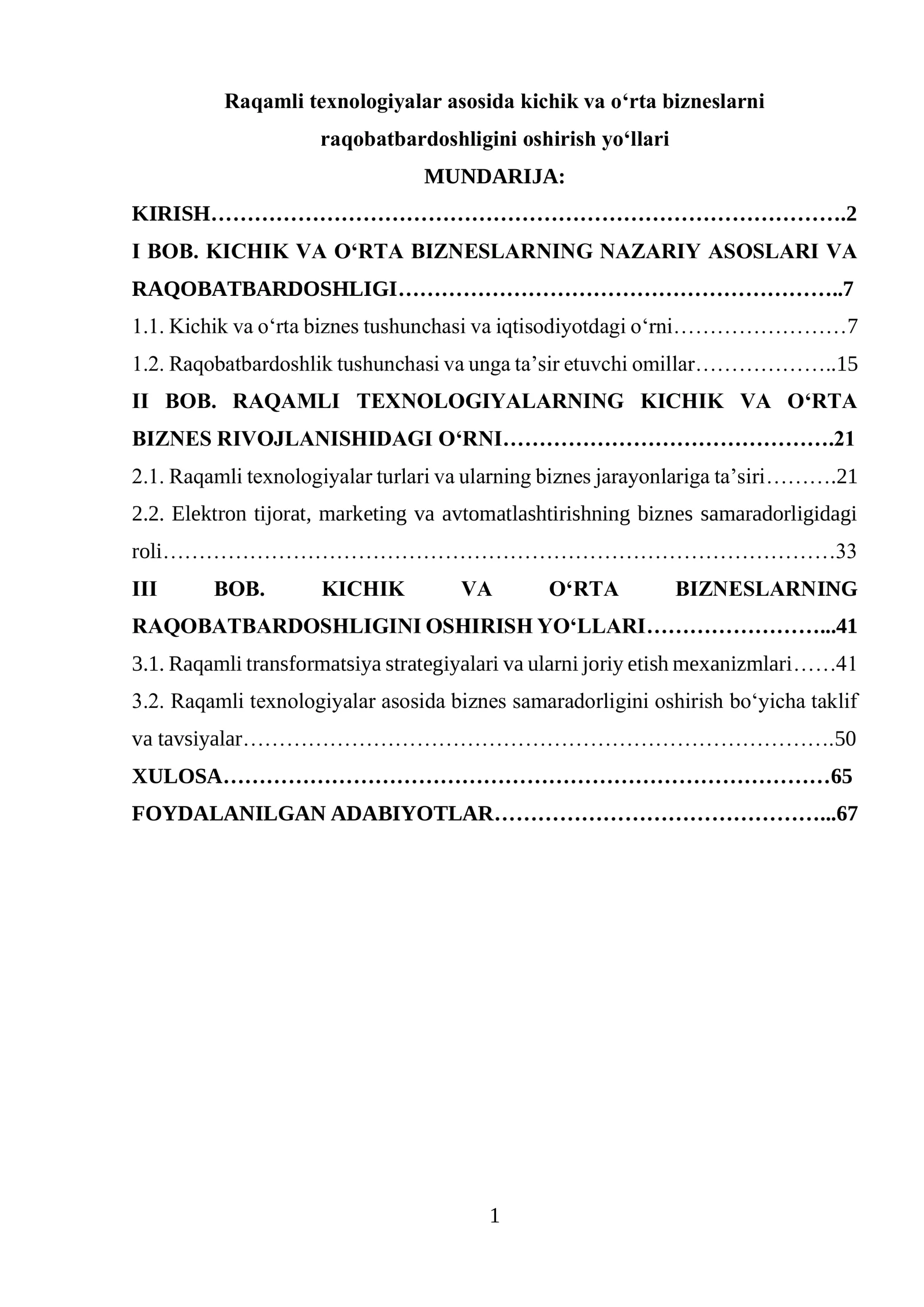 Raqamli texnologiyalar asosida kichik va o‘rta bizneslarni raqobatbardoshligini oshirish yo‘llari