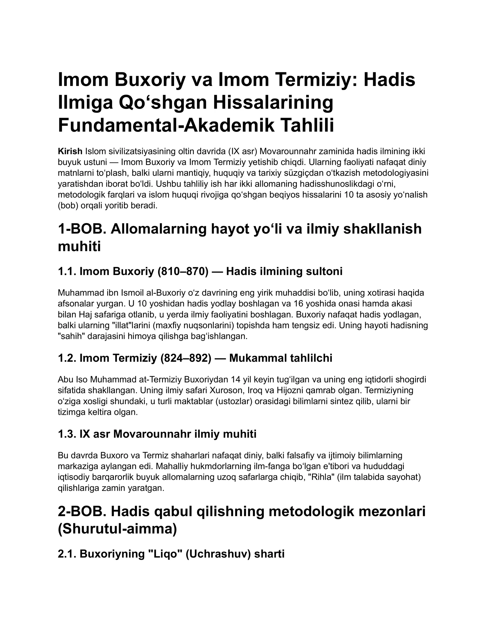 Imom Buxoriy va Imom Termiziy: Hadis Ilmiga Qo‘shgan Hissalarining Fundamental-Akademik Tahlili