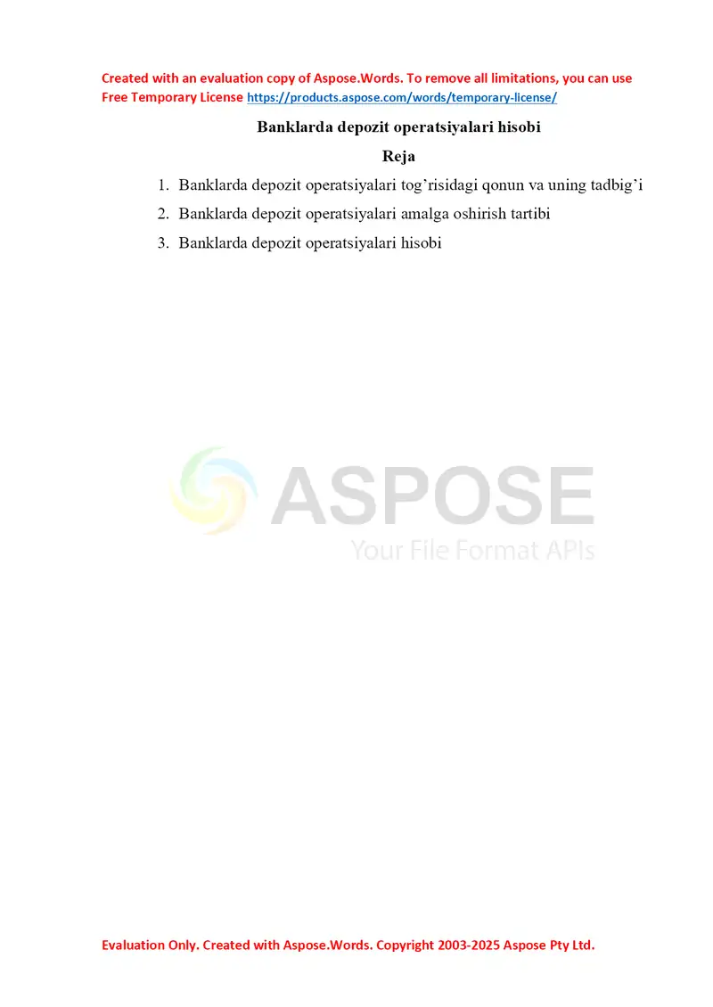 Banklarda depozit operatsiyalari hisobi