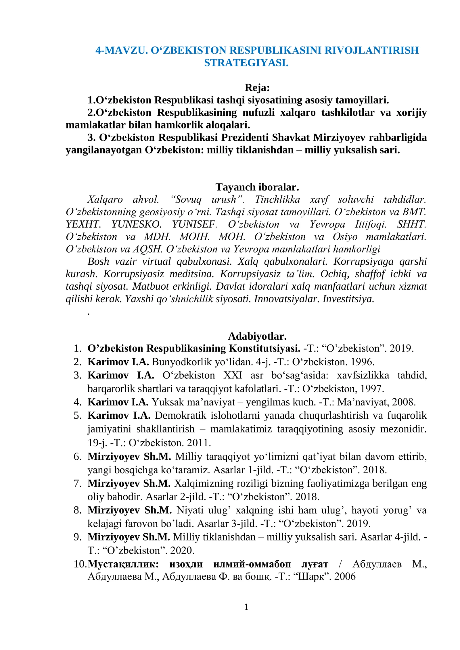 O„ZBEKISTON RESPUBLIKASINI RIVOJLANTIRISH STRATEGIYASI