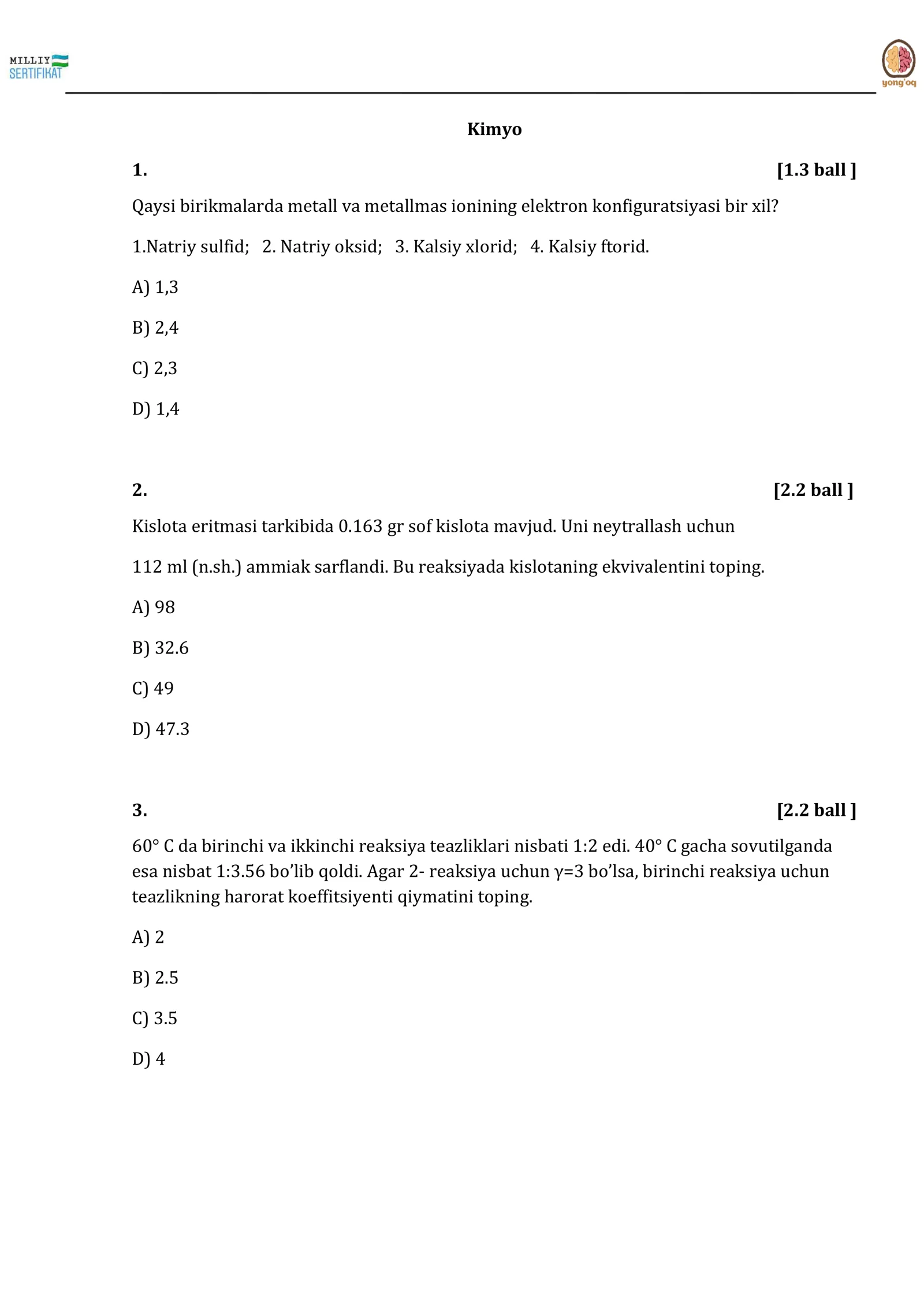 kimyo milliy sertifikat test
