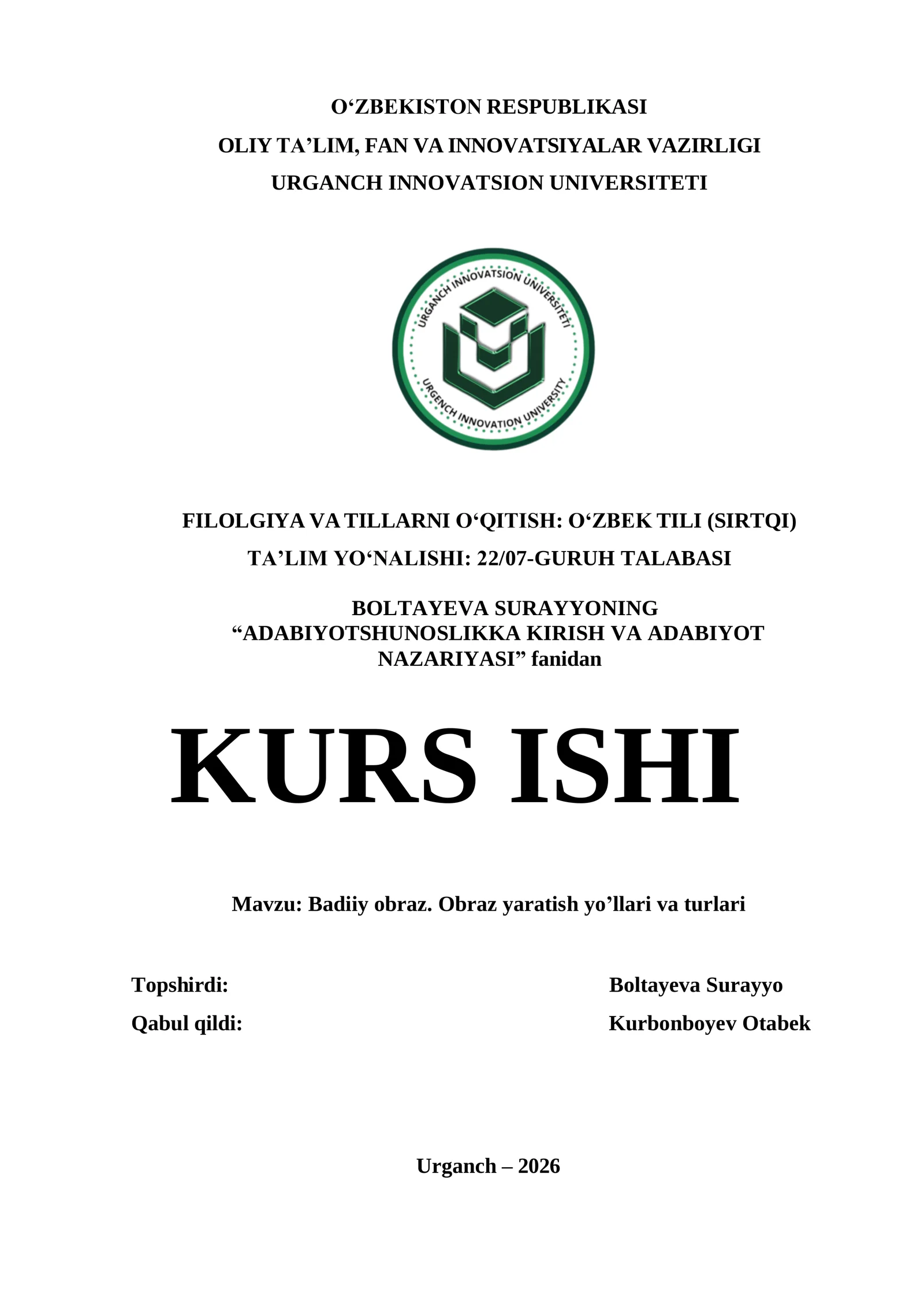 BADIIY OBRAZ YARATISH YO’LLARI VA TURLARI